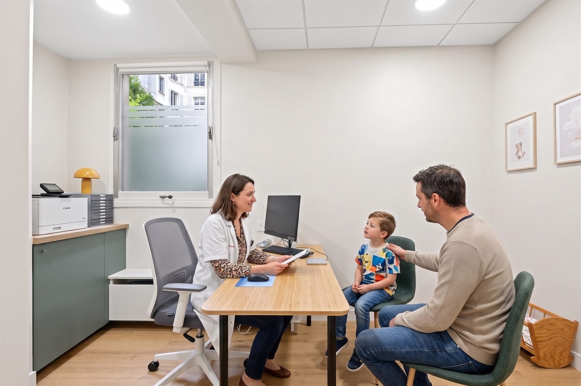 Consultation pédiatrique du sommeil : la médecin reçoit un enfant et son parent — Somnology, Paris 15